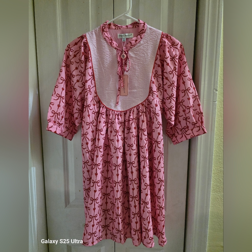 New Simply Southern Size YL Pink Bow Print Dress